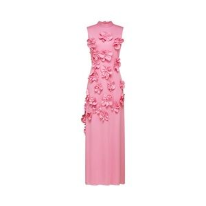 Sleeveless Pink Maxi Dress with 3D Floral Appliqués